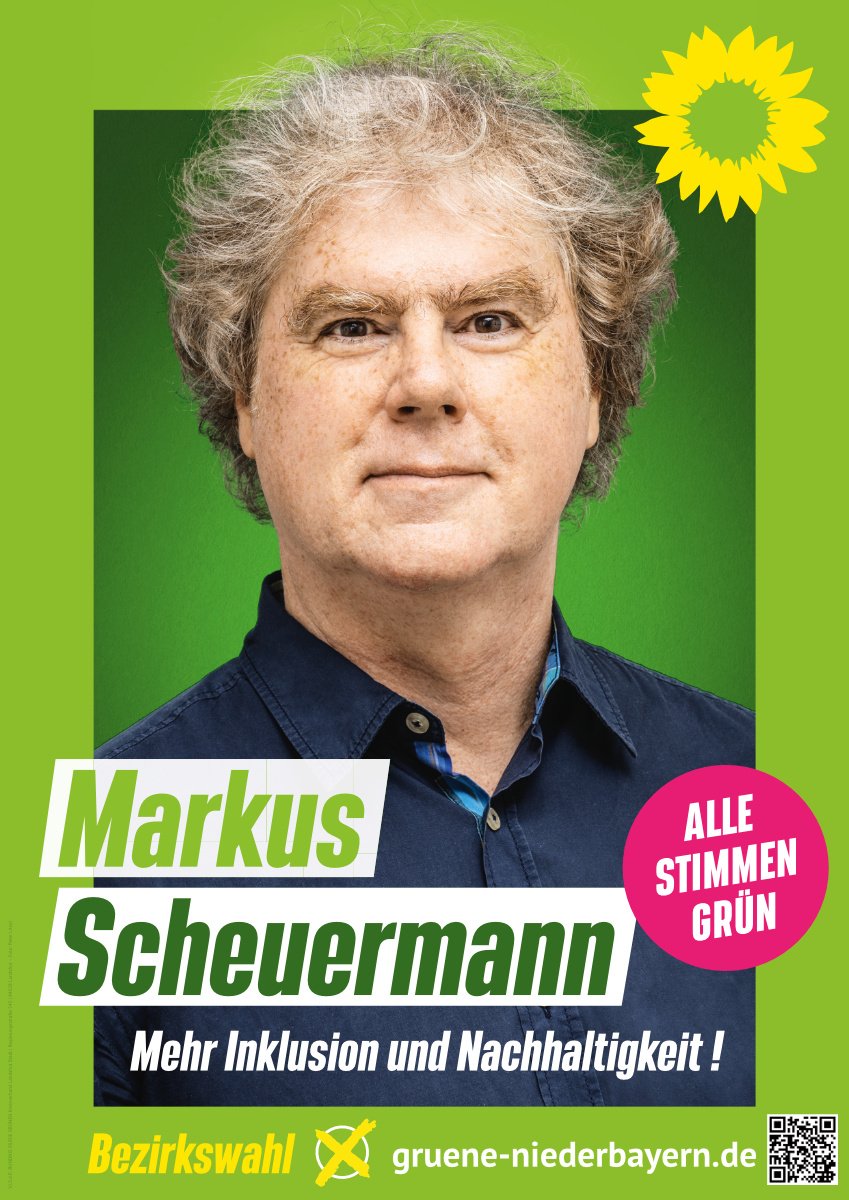 Markus Scheuermann auf grünem Plakat mit Text "Mehr Inklusion und Nachhaltigkeit !"