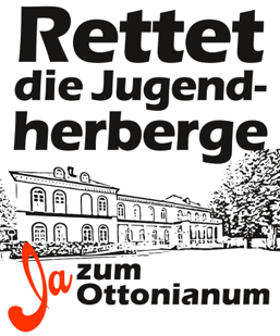 Schwarz-weiß-Zeichnung von der Eingangsansicht der Jugendherberge mit Baum, darüber Schiftzüge "Rettet die Jugendherberge" und einem roten Häkchen vor "Ja zum Ottonianum"