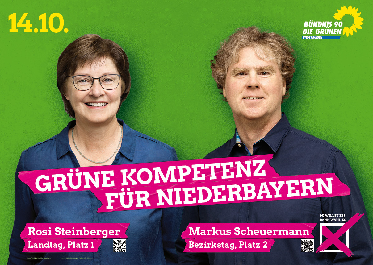 Grüne Kompetenz für Niederbayern: Rosi Steinberger, Landtag Platz1 und Markus Scheuermann, Bezirkstag Platz 2 am 14.10.2018 wählen