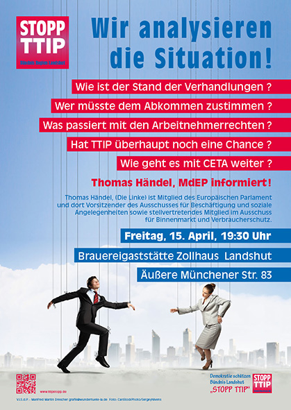 Einladungsplakat TTIP-Vortrag mit Thomas Händel, MdEP (Die Linke)