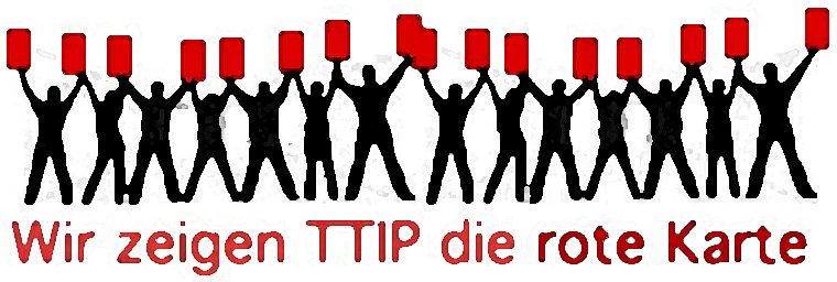 Wir zeigen TTIP die rote Karte. Menschenkette mit roten Karten über den Köpfen haltend.