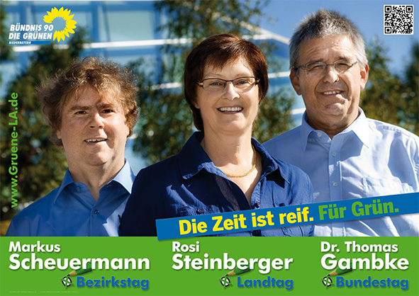 Die Landshuter Kandidaten: Markus Scheuermann für den Bezirkstag, Rosi Steinberger für den Landtag, Dr. Thomas Gambke für den Bundestag.