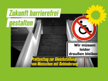 Treppenhaus mit rundem Verbotsschild mit durchgestrichenem Rollstuhl: "Wir müssen draußen bleiben"