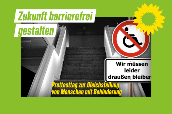 Treppenhaus mit rundem Verbotsschild mit durchgestrichenem Rollstuhl: "Wir müssen draußen bleiben"