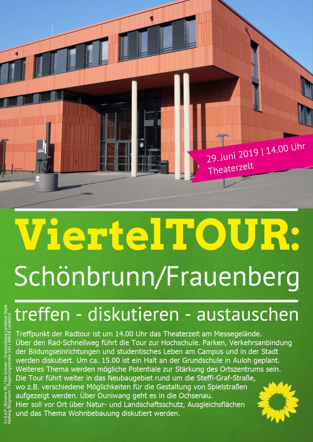 Bild des neuen Gebäudes der Hochschule Landshut mit roter Ziegelfassade und Veranstaltungstext