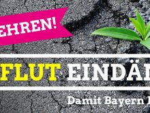 Volksbegehren "Betonflut eindämmen", Damit Bayern Heimat bleibt!. Plakat mit kleiner grüner Pflanze im Asphalt.