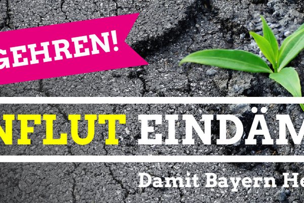 Volksbegehren "Betonflut eindämmen", Damit Bayern Heimat bleibt!. Plakat mit kleiner grüner Pflanze im Asphalt.