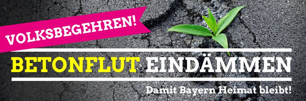 Volksbegehren "Betonflut eindämmen", Damit Bayern Heimat bleibt!. Plakat mit kleiner grüner Pflanze im Asphalt.