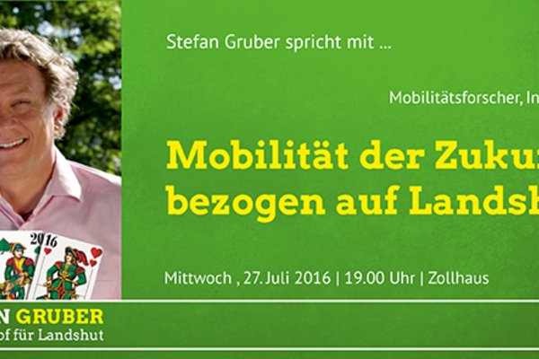 Stefan Gruber spricht mit Valentin Jahn über die Mobilität der Zukunft am 27.7.2016 um 19 Uhr im Zollhaus, Landshut