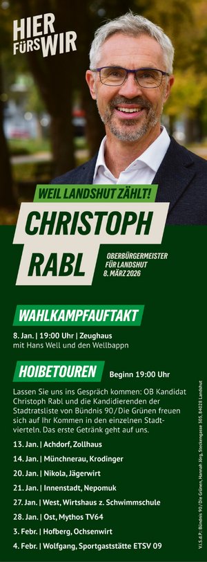 OB-Kandidat Christoph Rabl lächelt freundlich über einer Liste mit Veranstaltungen zu seiner HoibeTOUR