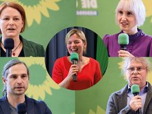 Die Kandidierenden der Listenplätze 1 und 2 der niederbayerischen GRÜNEN (gegen den Uhrzeiger): Mia Goller und Toni Schuberl MdL (Landtag), Markus Scheuermann und Stefanie Auer (Bezirkstag), Mitte Katharina Schulze MdL Foto: Tobias Köhler