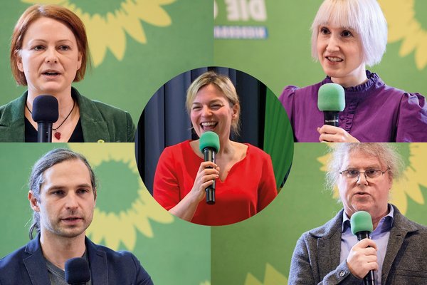 Die Kandidierenden der Listenplätze 1 und 2 der niederbayerischen GRÜNEN (gegen den Uhrzeiger): Mia Goller und Toni Schuberl MdL (Landtag), Markus Scheuermann und Stefanie Auer (Bezirkstag), Mitte Katharina Schulze MdL Foto: Tobias Köhler