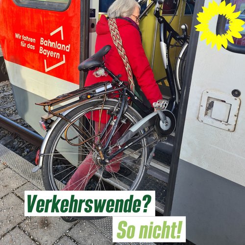 Ältere Frau mit Fahrrad müht sich ab, dieses über Stufen in einem Eisenbahnwaggon zu hieven. Schrift: Barrierefreiheit? Sieht anders aus!