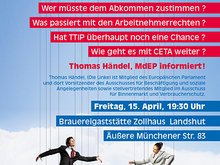 Einladungsplakat TTIP-Vortrag mit Thomas Händel, MdEP (Die Linke)