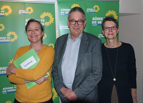 Elke Rümmelein, Kreisvorsitzende, Dr. Thomas Gambke, MdB, Hedwig Borgmann, Stadträtin und Kreisvorsitzende vor Aufstellern von Bündnis 90 / Die Grünen, Landshut