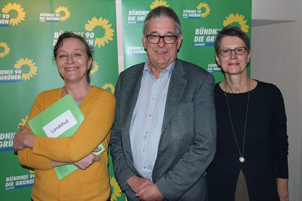 Elke Rümmelein, Kreisvorsitzende, Dr. Thomas Gambke, MdB, Hedwig Borgmann, Stadträtin und Kreisvorsitzende vor Aufstellern von Bündnis 90 / Die Grünen, Landshut