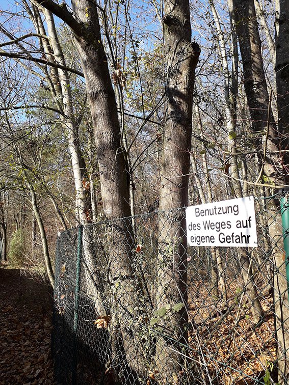 schmaler Fußweg durch mit Bäumen und Sträuchern bewachsene Au mit Zaun und Schild "Betreten des Weges auf eigene Gefahr"