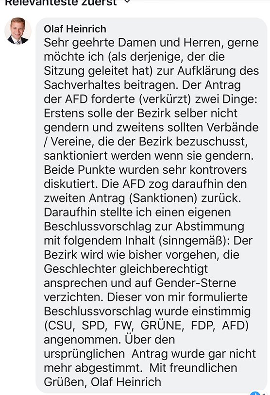 Stellungnahme von Bezirkstagpräsident Olaf Heinrich auf facebook