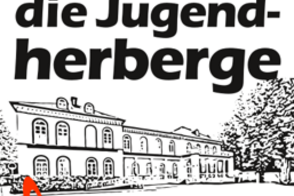 Schwarz-weiß-Zeichnung von der Eingangsansicht der Jugendherberge mit Baum, darüber Schiftzüge "Rettet die Jugendherberge" und einem roten Häkchen vor "Ja zum Ottonianum"