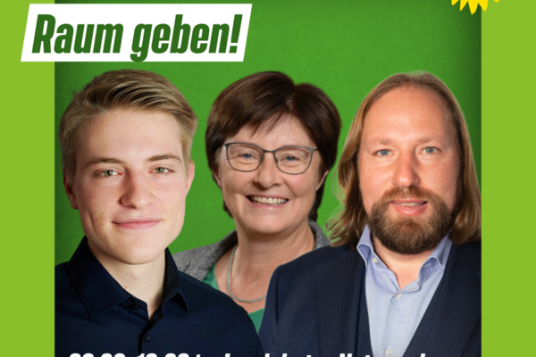 Johannes Hunger, MdL Rosi Steinberger und MdB Toni Hofreiter nebeneinander. Darüber und darunter Veranstaltungstext auf grünem Hintergrund mit Sonnenblume.