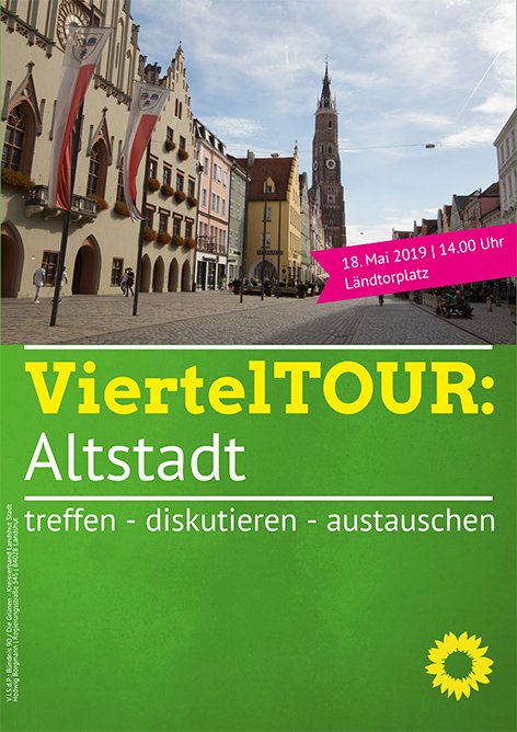 Text: "ViertelTOUR: Altstadt am 18. Mai um 14:00" auf Bild von der Landshuter Altstadt mit Martinsturm