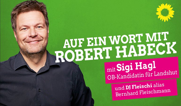 Robert Habeck sieht von links auf den Einladungstext; grüner Hintergrund