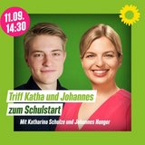 Johannes Hunger und Katharine Schulze vor grünem Hintergrund mit Veranstaltungstext