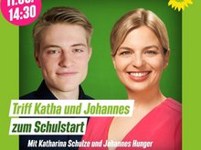 Johannes Hunger und Katharina Schulze vor grünem Hintergrund mit Veranstaltungstext