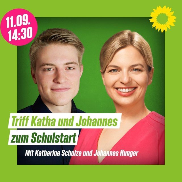 Johannes Hunger und Katharina Schulze vor grünem Hintergrund mit Veranstaltungstext
