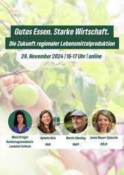 Die vier Köpfe der Diskutanten vor einem nebligen Apfelpflückbild