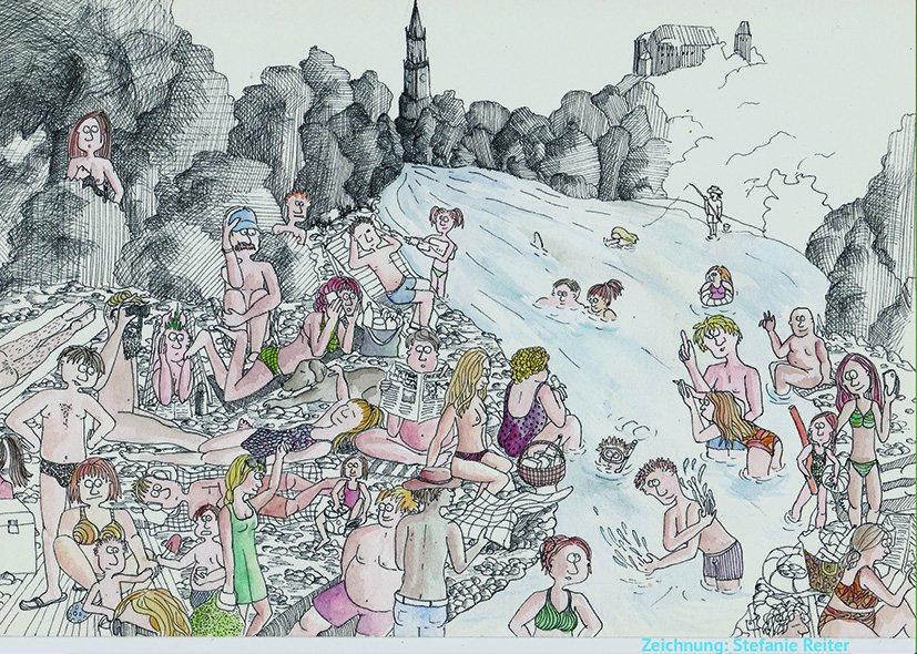 Wimmelbild mit vielen Menschen am und im Fluß, im Hintergrund Martinskirche, Au und Burg in Tusche und Aquarell