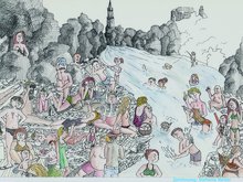 Wimmelbild mit vielen Menschen am und im Fluß, im Hintergrund Martinskirche, Au und Burg in Tusche und Aquarell