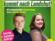 Johannes Hunger und Ricarda Lang vor grünem Hintergrund mit Veranstaltungstext