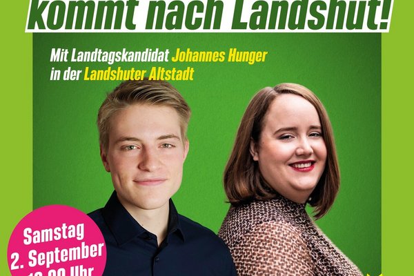 Johannes Hunger und Ricarda Lang vor grünem Hintergrund mit Veranstaltungstext