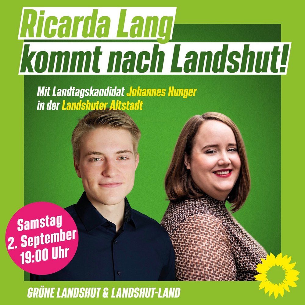 Johannes Hunger und Ricarda Lang vor grünem Hintergrund mit Veranstaltungstext