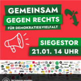 roter Hintergrund mit Megaphon und dem Titel, darunter sehr viele Logos von Unterstützern