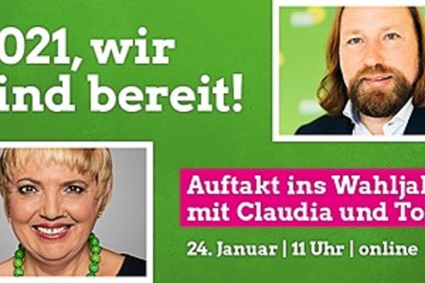 Claudi Roth und Toni Hofreiter auf einer grünen Fläche mit dem Einladungstext