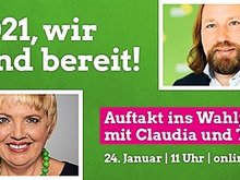 Claudi Roth und Toni Hofreiter auf einer grünen Fläche mit dem Einladungstext