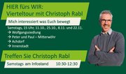 Ankündigungstext, neben dem Christoph Rabl mit verschränkten Händen steht