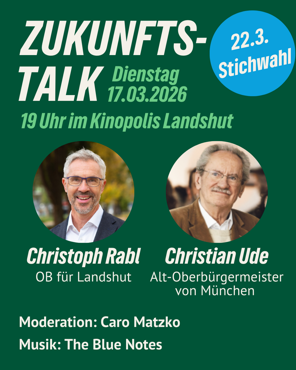 Christoph Rabl und Christian Ude nebeneinander in zwei runden "Fenstern" auf grünem Hintergrund mit Einladungstext