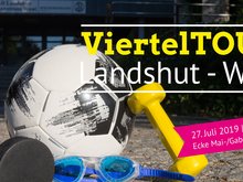 Bild mit Sportgeräten (Puck, Ball, Schwimmbrille, Hantel) vor dem Eingang zum Sportzentrum West