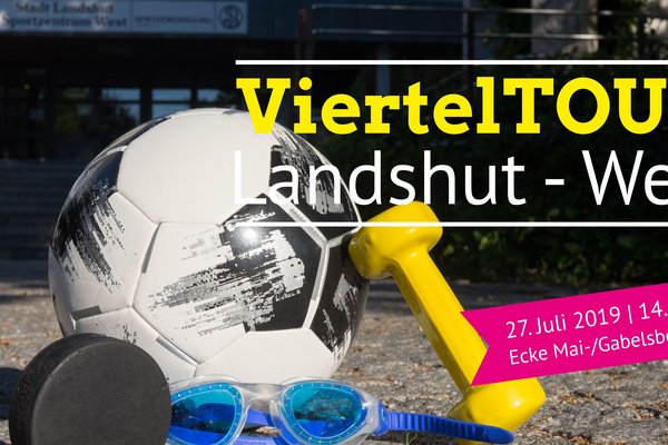 Bild mit Sportgeräten (Puck, Ball, Schwimmbrille, Hantel) vor dem Eingang zum Sportzentrum West