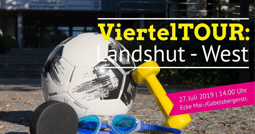 Bild mit Sportgeräten (Puck, Ball, Schwimmbrille, Hantel) vor dem Eingang zum Sportzentrum West