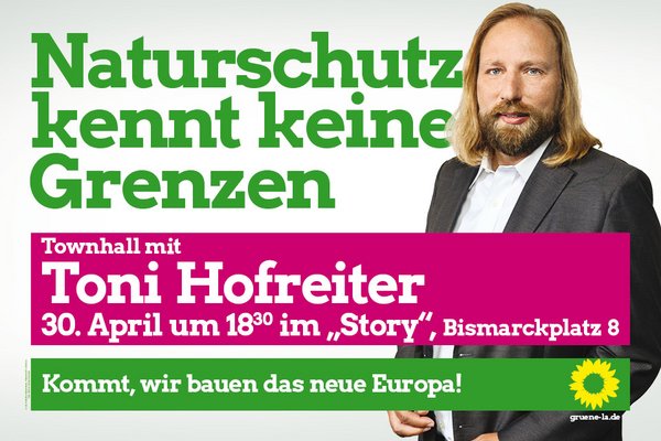 Toni Hofreiter lädt ein zur Townhall-Veranstaltung am 30.4.2019 um 18:30 in das Restaurant "Story" am Bismarckplatz 8