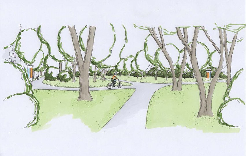 eine Vision vom Stadtpark: durchgehende Wege mit Bäumen und Radfahrern (Aquarellzeichnung)