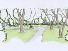 eine Vision vom Stadtpark: durchgehende Wege mit Bäumen und Radfahrern (Aquarellzeichnung)