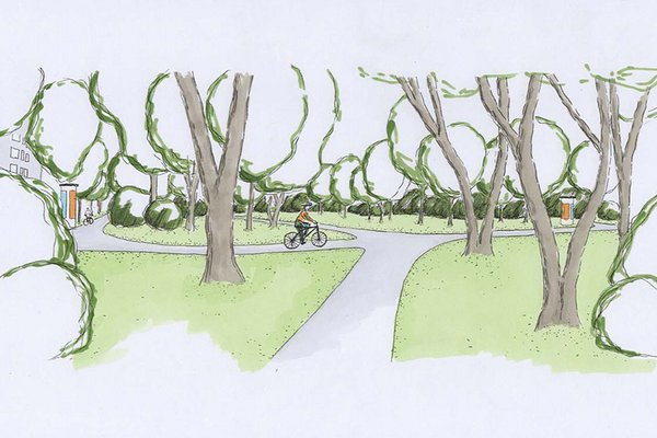 eine Vision vom Stadtpark: durchgehende Wege mit Bäumen und Radfahrern (Aquarellzeichnung)