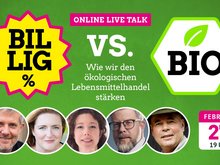 5 Teilnehmer*innen-Köpfe unter zwei "Logos" mit den Schriften "Billig" vs. "Bio"