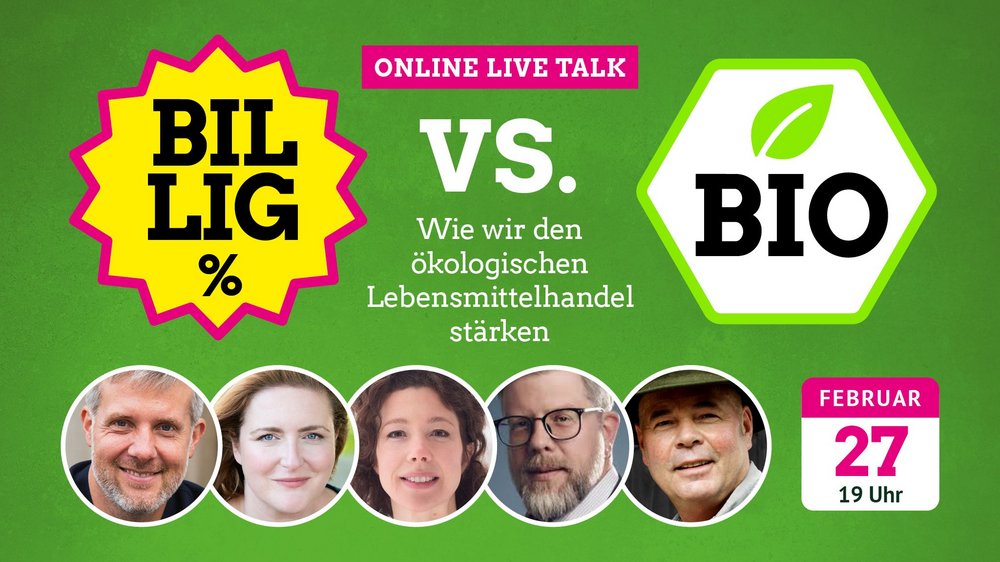 5 Teilnehmer*innen-Köpfe unter zwei "Logos" mit den Schriften "Billig" vs. "Bio"