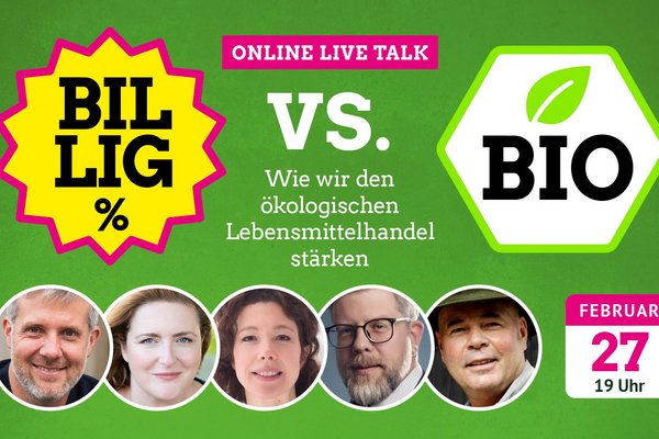 5 Teilnehmer*innen-Köpfe unter zwei "Logos" mit den Schriften "Billig" vs. "Bio"